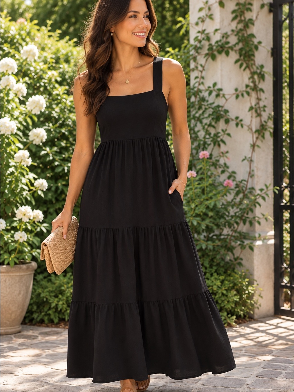 Nine West Black Tiered Maxi Dress Smocked Back Adjustable Straps S